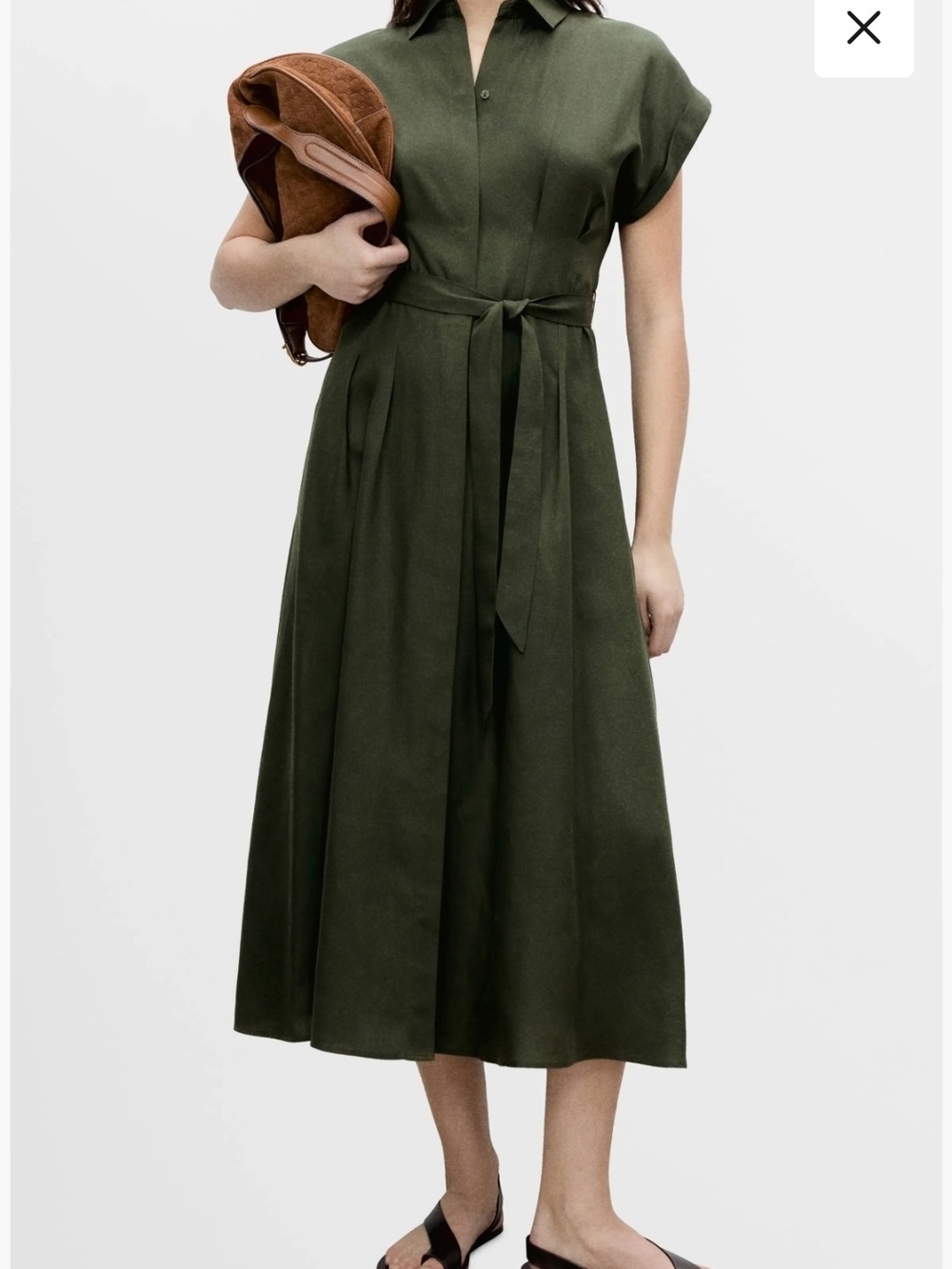 Mango Olive Tie-Belt Midi Shirt Dress